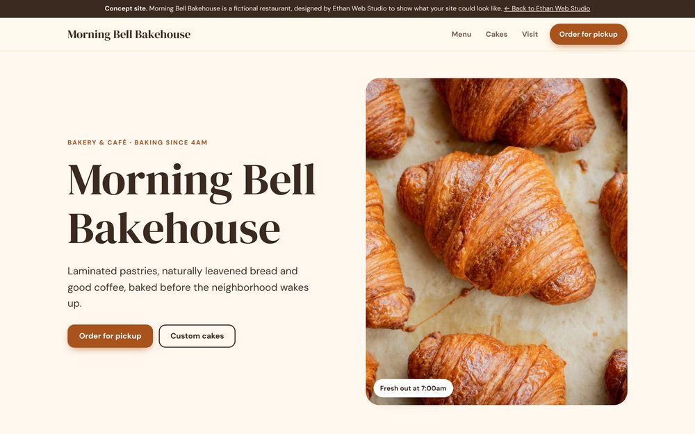 Morning Bell Bakehouse concept homepage with croissants and an Order for pickup button