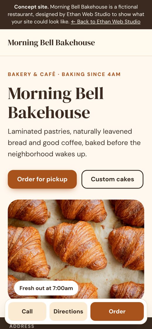 Morning Bell Bakehouse concept homepage on a phone