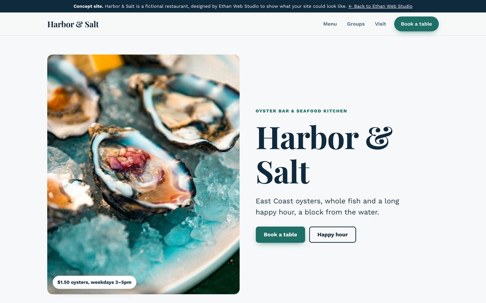 Harbor & Salt concept homepage on a laptop screen