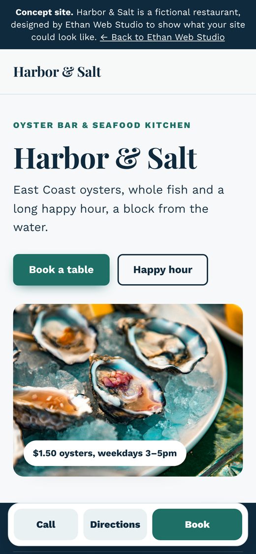 Harbor & Salt on a phone, with happy hour shown up front