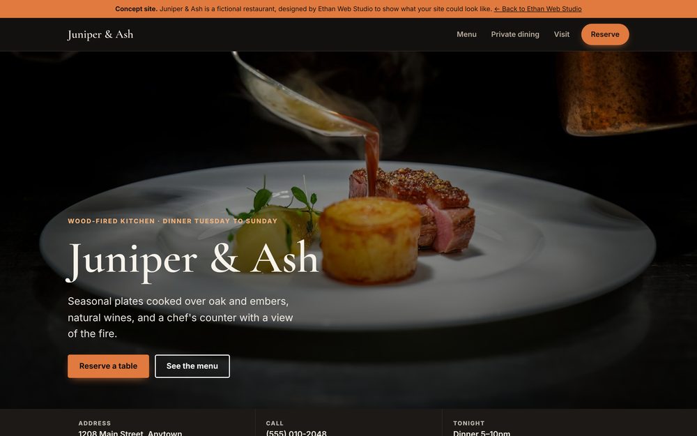 Juniper & Ash concept homepage on a laptop screen