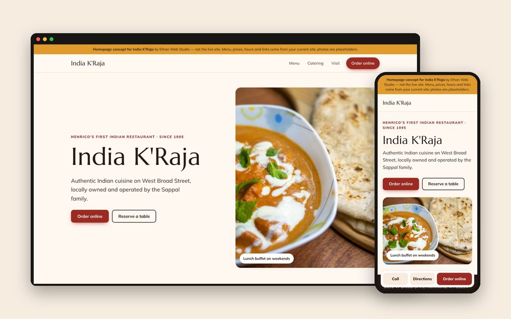 Homepage concept for India K'Raja shown on a laptop and a phone