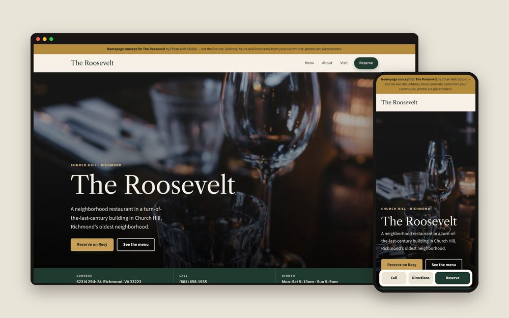 Homepage concept for The Roosevelt shown on a laptop and a phone