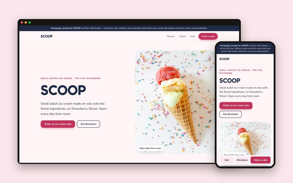 Homepage concept for SCOOP ice cream shown on a laptop and a phone